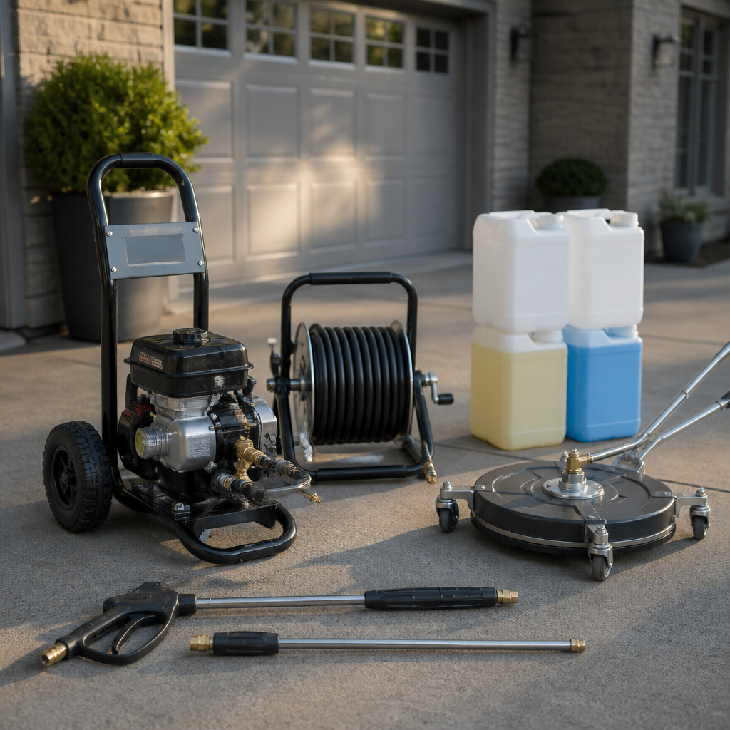 Professional pressure washing equipment staged and ready for a job