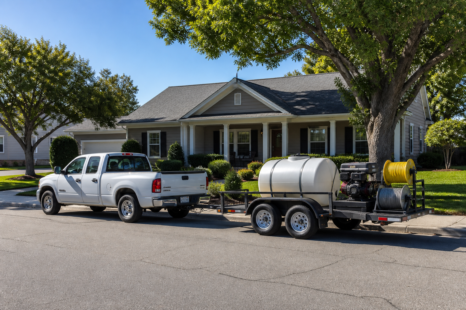 Walker's Power Washing crew truck and trailer parked in a Belton, MO neighborhood