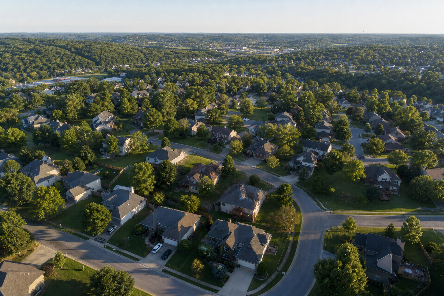 Aerial view of the south Kansas City metro suburban neighborhoods Walker's Power Washing serves