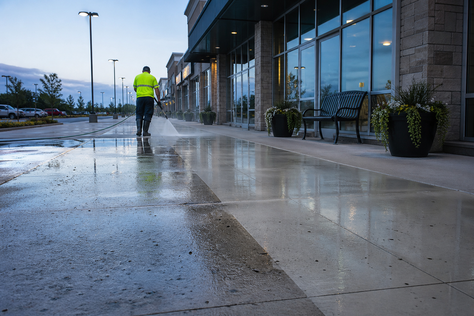 Commercial storefront sidewalk and entryway being pressure washed in early morning light before opening