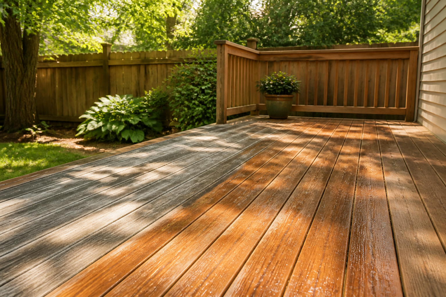 Wooden backyard deck boards mid-cleaning, restored warm wood tone beside weathered grey boards