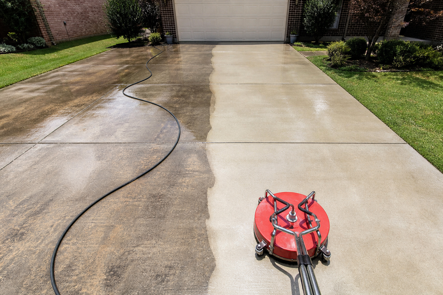 Rotary surface cleaner restoring a concrete driveway with a sharp line between cleaned and uncleaned concrete