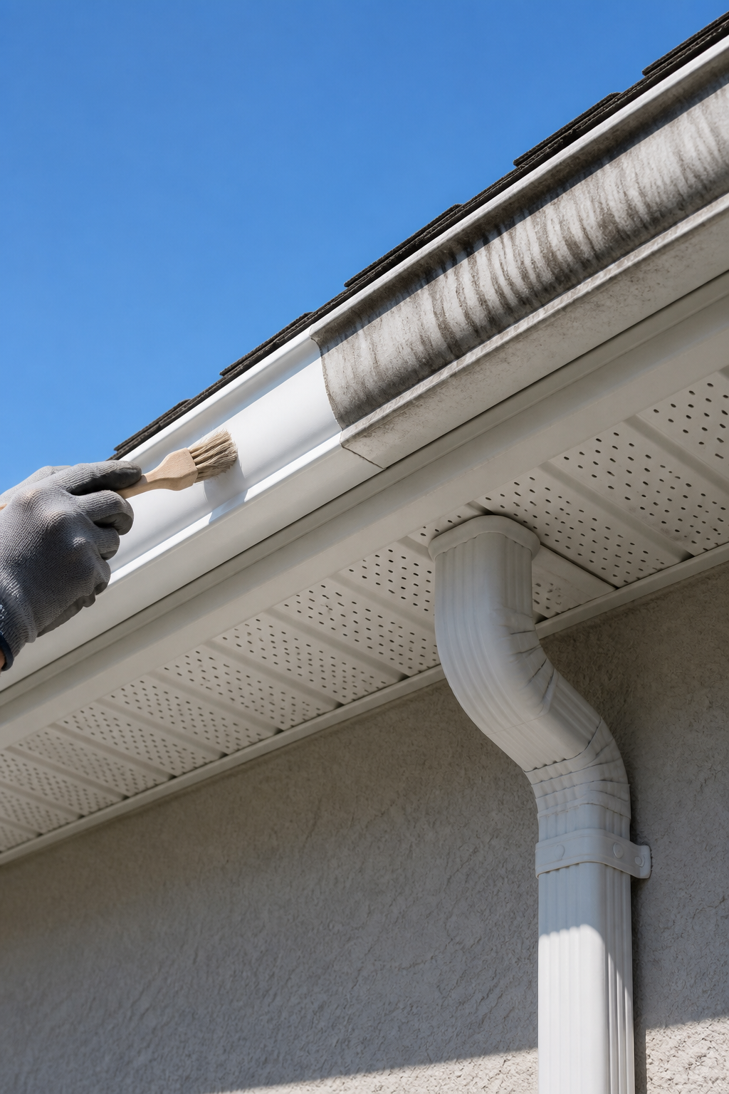 White exterior gutter and downspout on a house being cleaned, with black streak staining removed from one section