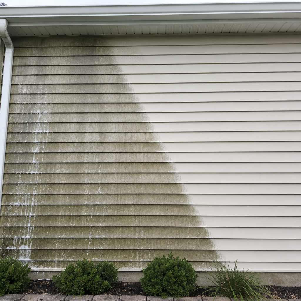 Vinyl siding on a suburban home being soft washed, with a clean section next to a dirty section