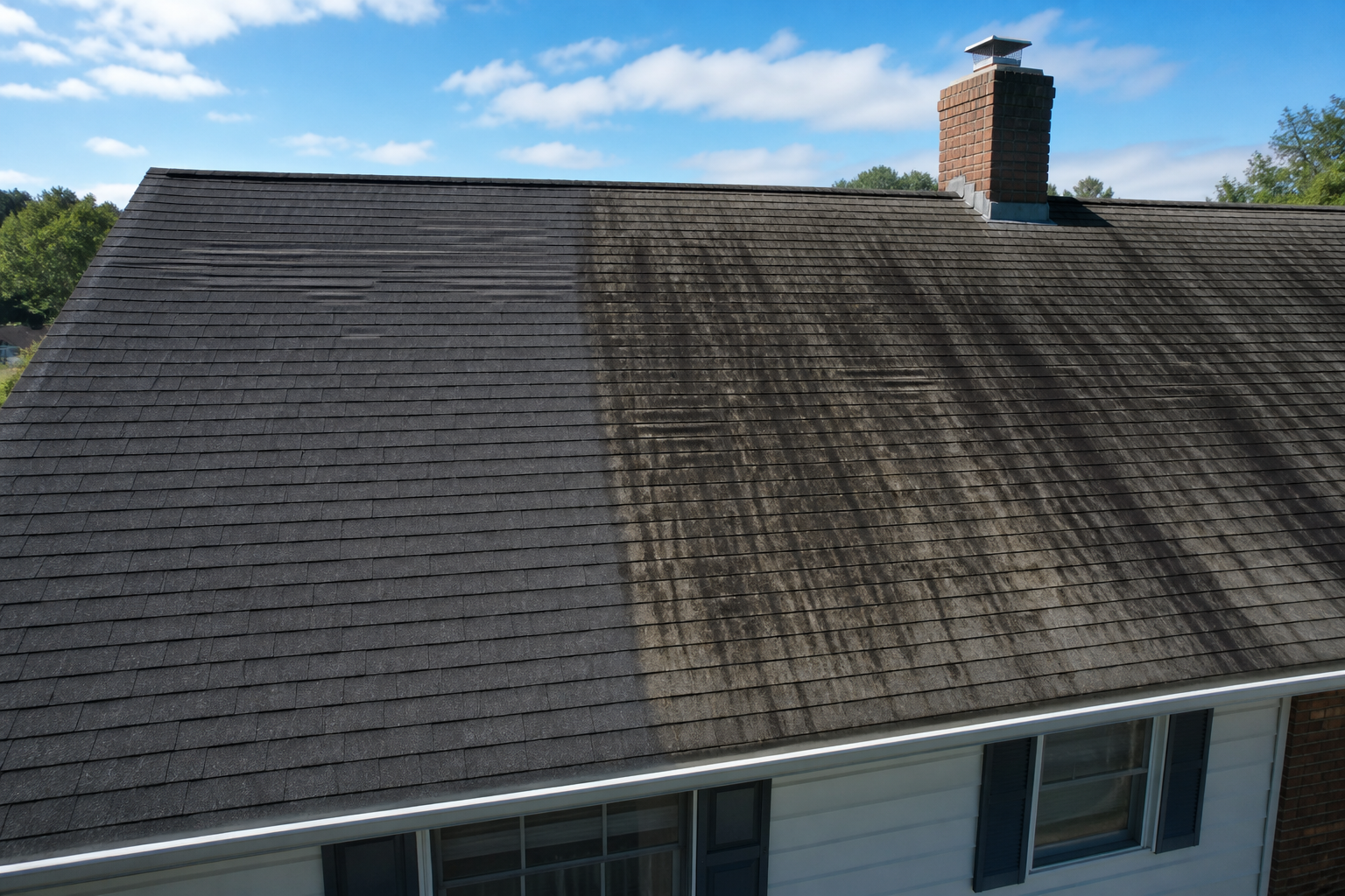 Asphalt shingle roof with dark algae streaks partially cleaned, viewed from an elevated angle